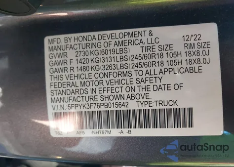 2023 Honda Ridgeline Rtl-E from USA, damaged, VIN 5FPYK3F76PB015642